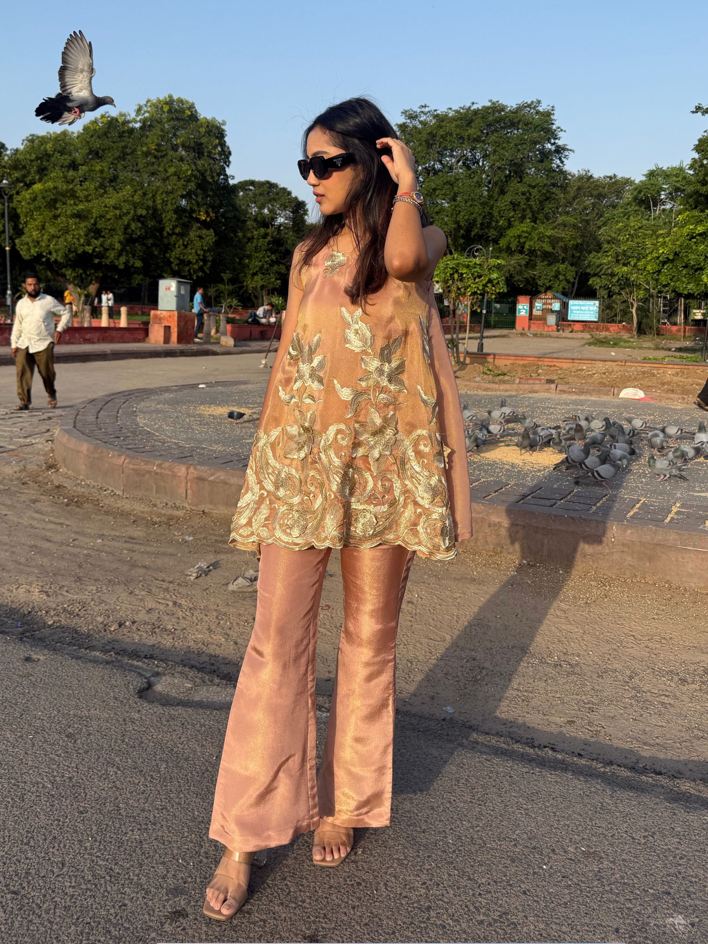 Peach Flare 3 Piece Co-ord Set With Applique Work